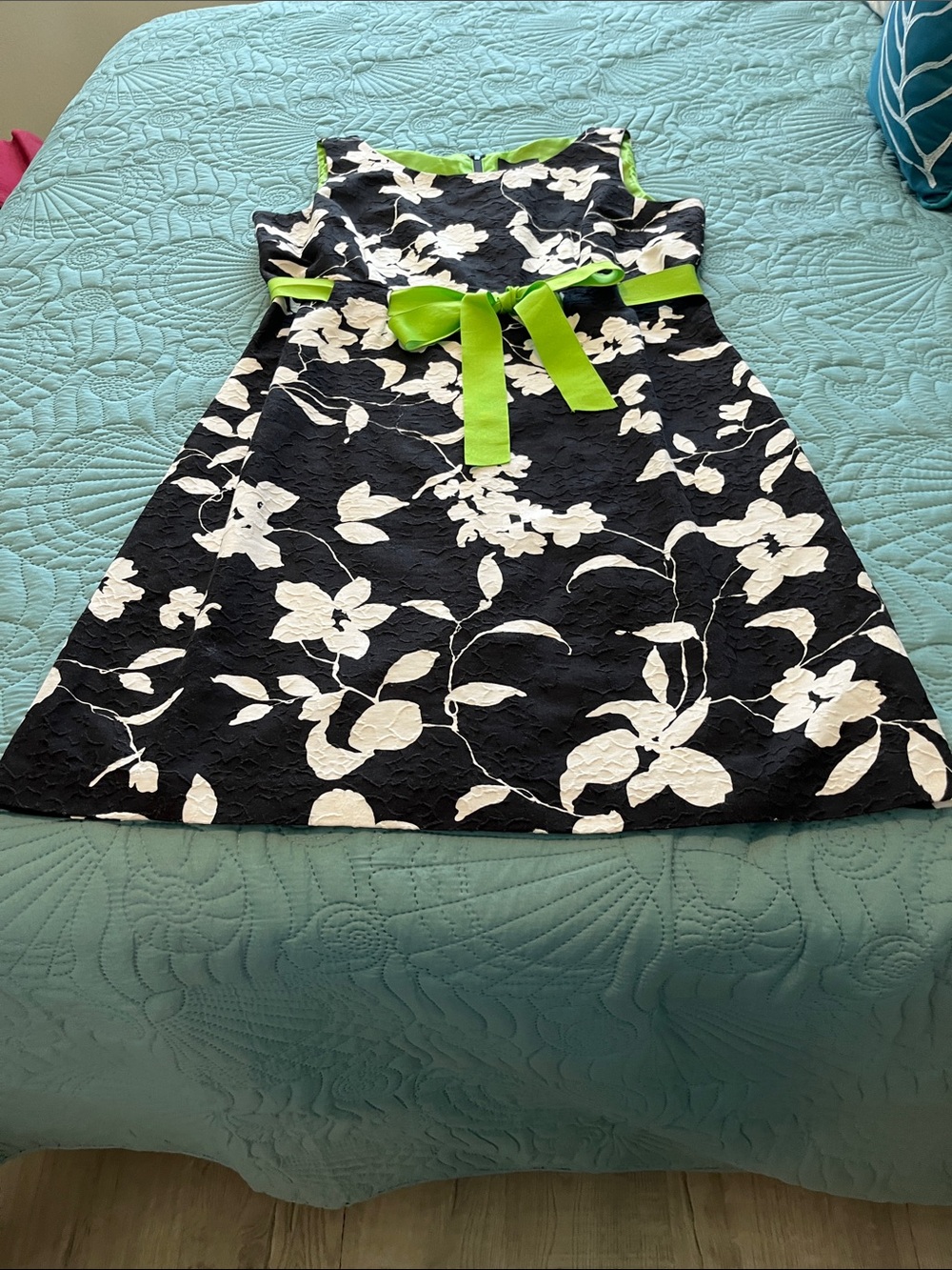 Black & White Floral A-Line Dress with Lime Bow